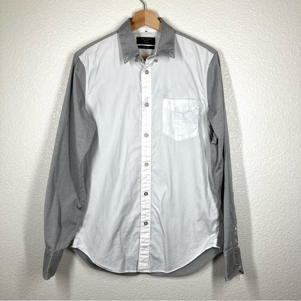 Rag & Bone Mens Button Down Slim Fit Shirt Small White Gray Oxford Long Sleeve